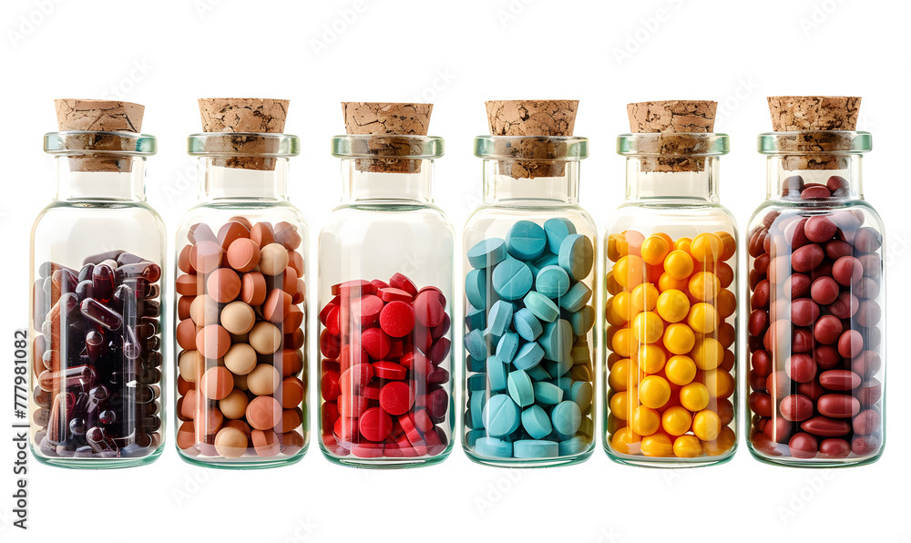 Set of tablets in glass bottles, Generative AI Set of tablets in glass bottles, Generative AI