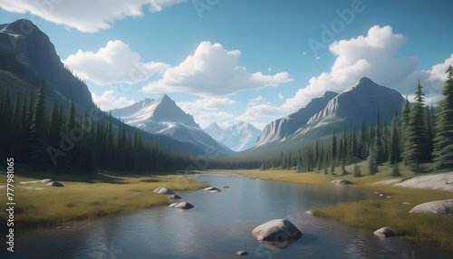 Beautiful mountain landscape with a river and blue sky. 3d rendering. Generative AI