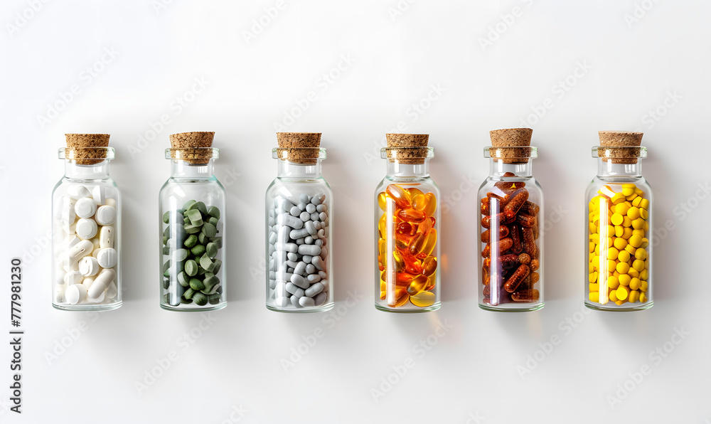Set of tablets in glass bottles, Generative AI Set of tablets in glass bottles, Generative AI