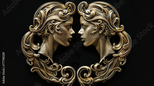 Intricate silver art piece of two symmetrical faces surrounded by ornate flourishes.