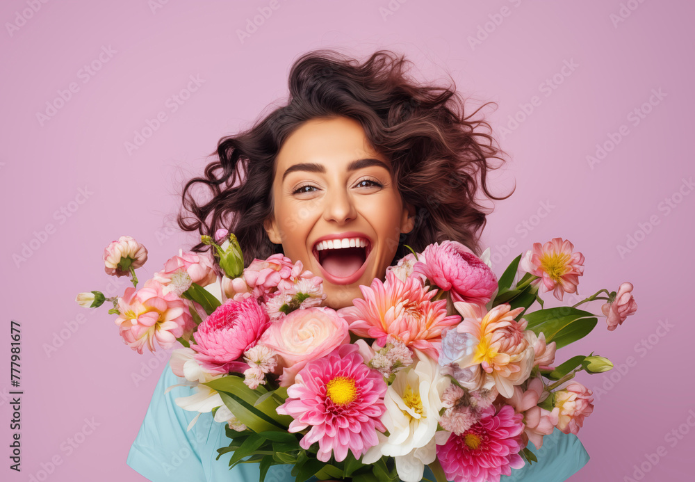 Mother's Day card. International Women's Day. Girl with flowers. Mother's Day card. International Women's Day. Girl with flowers.