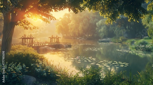 Nature's symphony plays out in a vibrant park setting, with a shimmering lake nestled amidst lush greenery and bathed in the golden light of summer