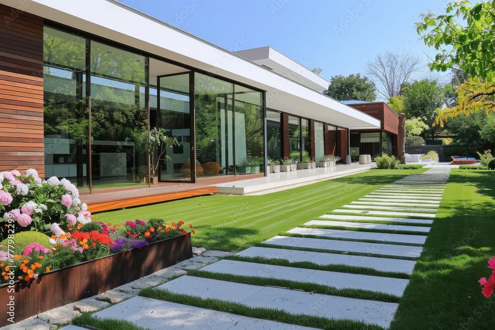Modern house with large glass windows, wooden cladding and white concrete walls, featuring an outdoor area adorned lush green grass, vibrant flowers in colorful planters