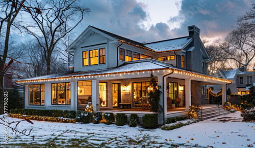White farmhouse with Christmas lights, front porch and landscaping. Snow on the ground