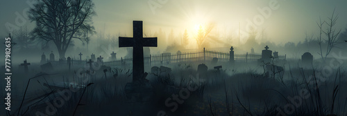 A haunting graveyard scene emerges from the mist as tombstones stand sentinel amidst the eerie gloom.