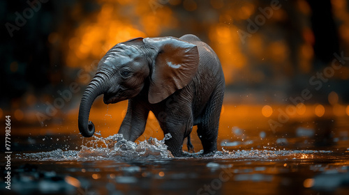 The baby elephant frolics and splashes in the water.