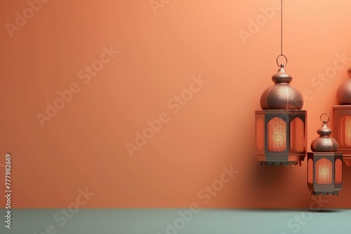 Eid mubarak and ramadan kareem greetings with islamic lantern and mosque. Eid al fitr background