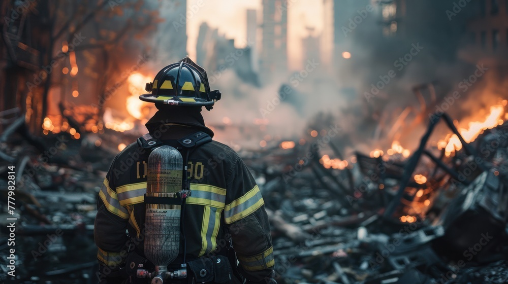 firefighter working In the damaged city firefighter working In the damaged city