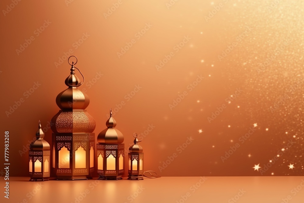 Fototapeta premium Eid mubarak and ramadan kareem greetings with islamic lantern and mosque. Eid al fitr background