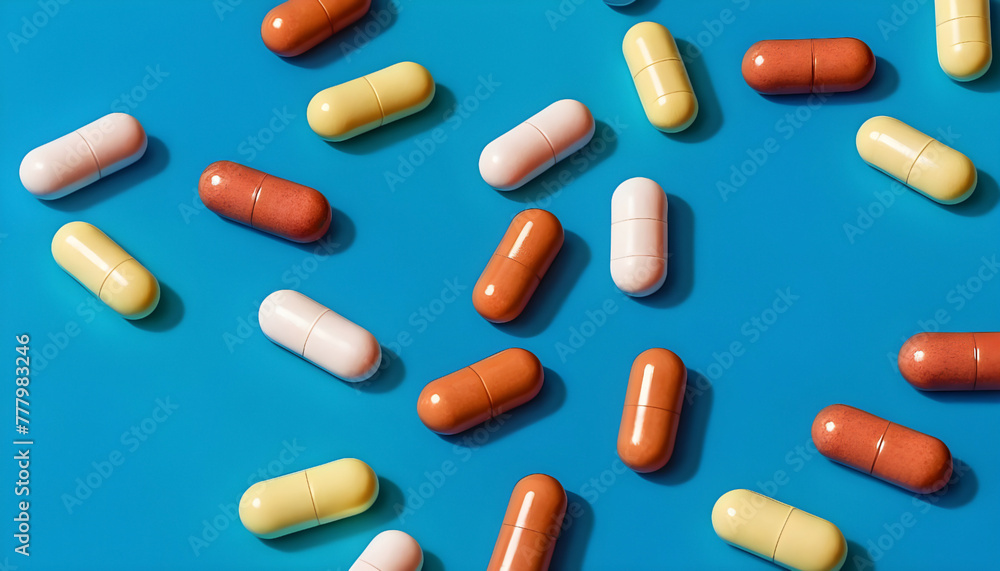 Colorful pills on a blue background. Focus on the foreground. Generative AI Colorful pills on a blue background. Focus on the foreground. Generative AI