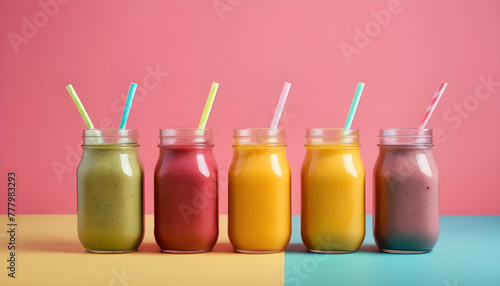 Colorful smoothies in glass jars with straws on colorful background. Generative AI