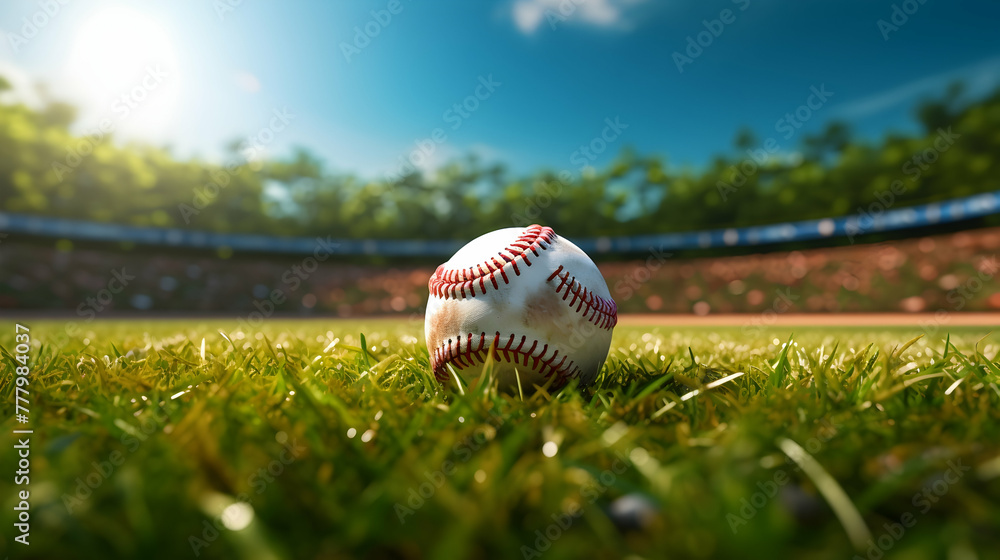 Baseball ball in a grass of baseball arena stadium