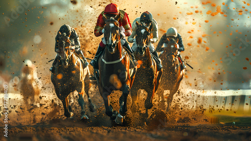 Race horses with jockeys on the way of home straight, Ai generated