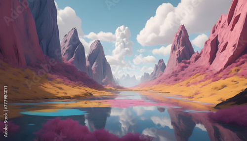 Fantasy alien planet. Mountain and lake. 3D illustration. Generative AI