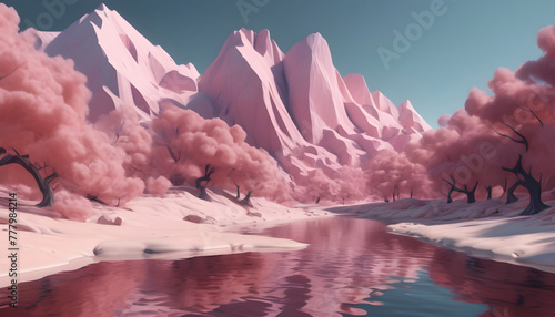 Fantasy landscape with mountains and lake. 3d render illustration . Generative AI
