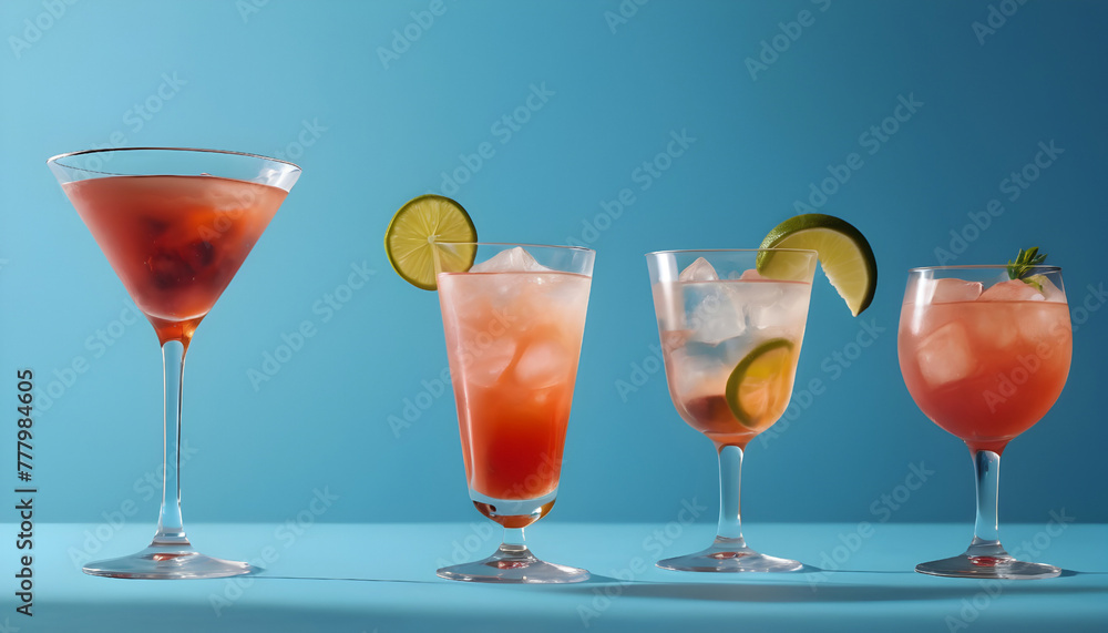 Glasses of cocktails with ice, mint and lime on blue background. Generative AI