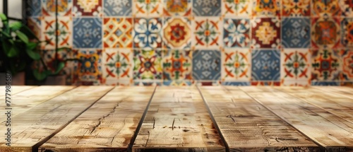 Empty wood table top and blur vintage ceramic tile pattern wall in background