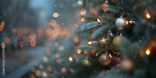  Christmas tree branches with soft lights and snowflakes, a winter holiday scene.
