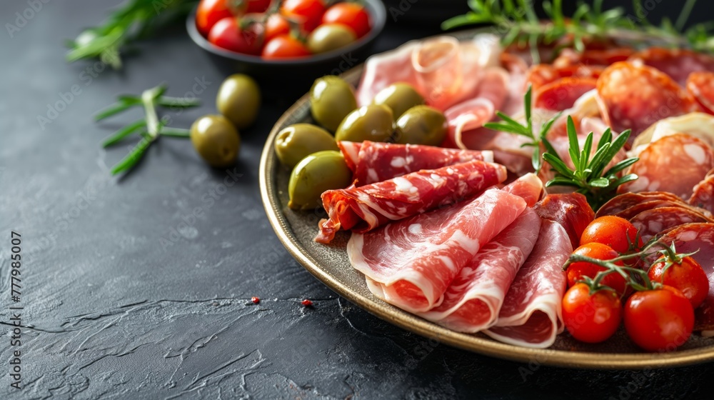 Assorted cold cuts platter with olives and cherry tomatoes, ideal for catering themes.