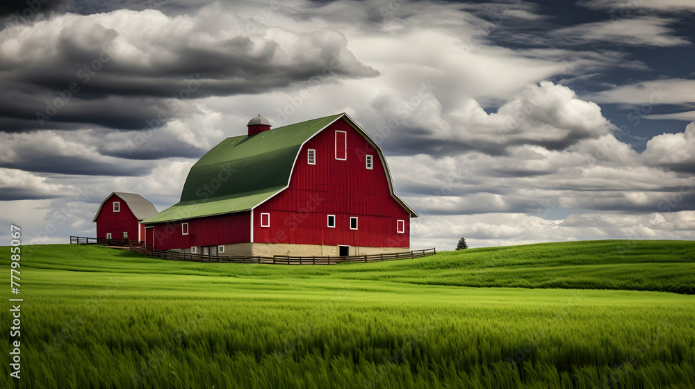 Classic red barn with green wheat field on a cloudy day