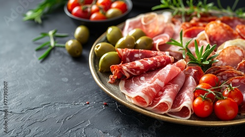 Assorted cold cuts platter with olives and cherry tomatoes, ideal for catering themes.