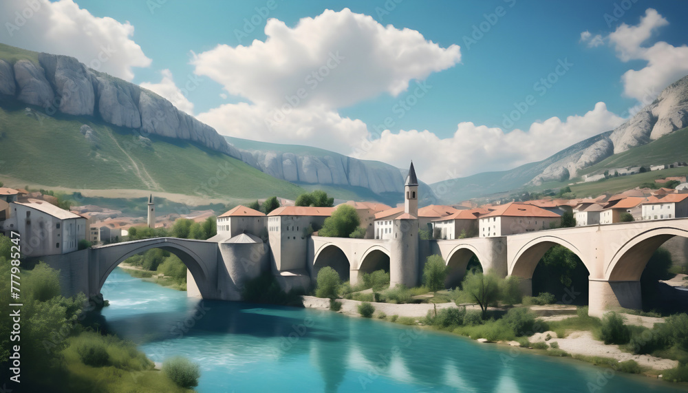 Fototapeta premium Landscape of a bridge over a mountain river. 3d rendering. Generative AI