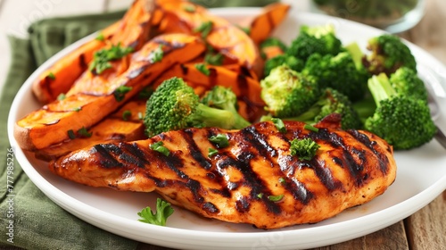 Grilled chicken breast with broccoli and sweet potatoes on a white plate.
