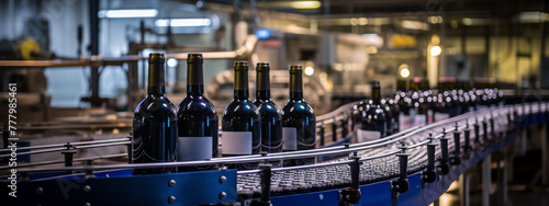Bottling line for wine production, showing a seamless flow of bottled wines ready for distribution. photo