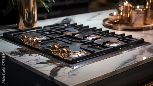 A close-up of a sleek gas stove framed by elegant marble countertops  showcasing the epitome of modern culinary sophistication