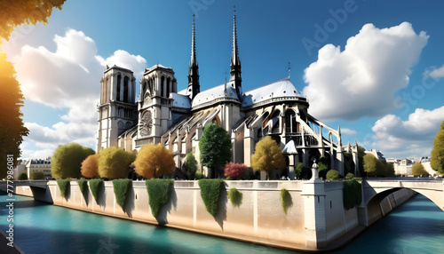 Notre Dame Cathedral in Paris, France. Panoramic view. Generative AI