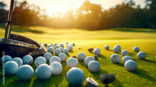 Golf balls on the golf course with golf clubs ready for golf in the first short