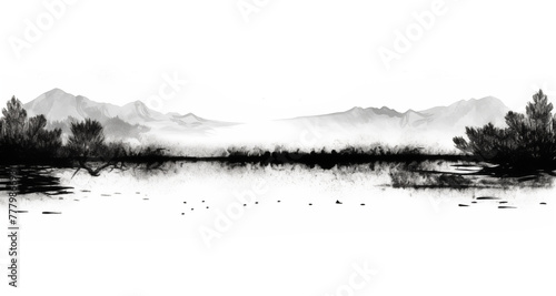 Monochrome Landscape Painting of Misty Mountains. Horizontal bar element for book design, divider, separator, footer or header for website.
