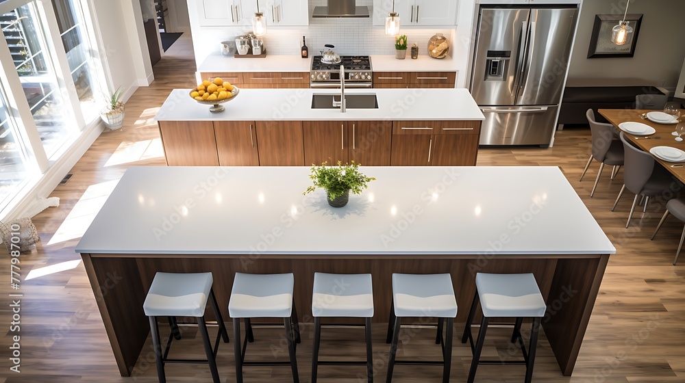 A view from above capturing the symmetrical layout of a modern kitchen island with bar seating, perfect for casual gatherings