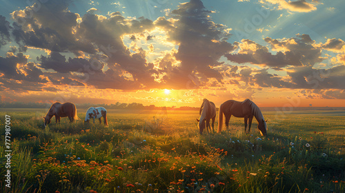 Peaceful Panoramic View Of Purebred Horses Grazing in green fields At Sunset, generated ai © Azmee
