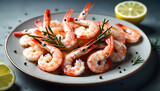 Plate with tasty shrimps and lemon on table, closeup. Generative AI