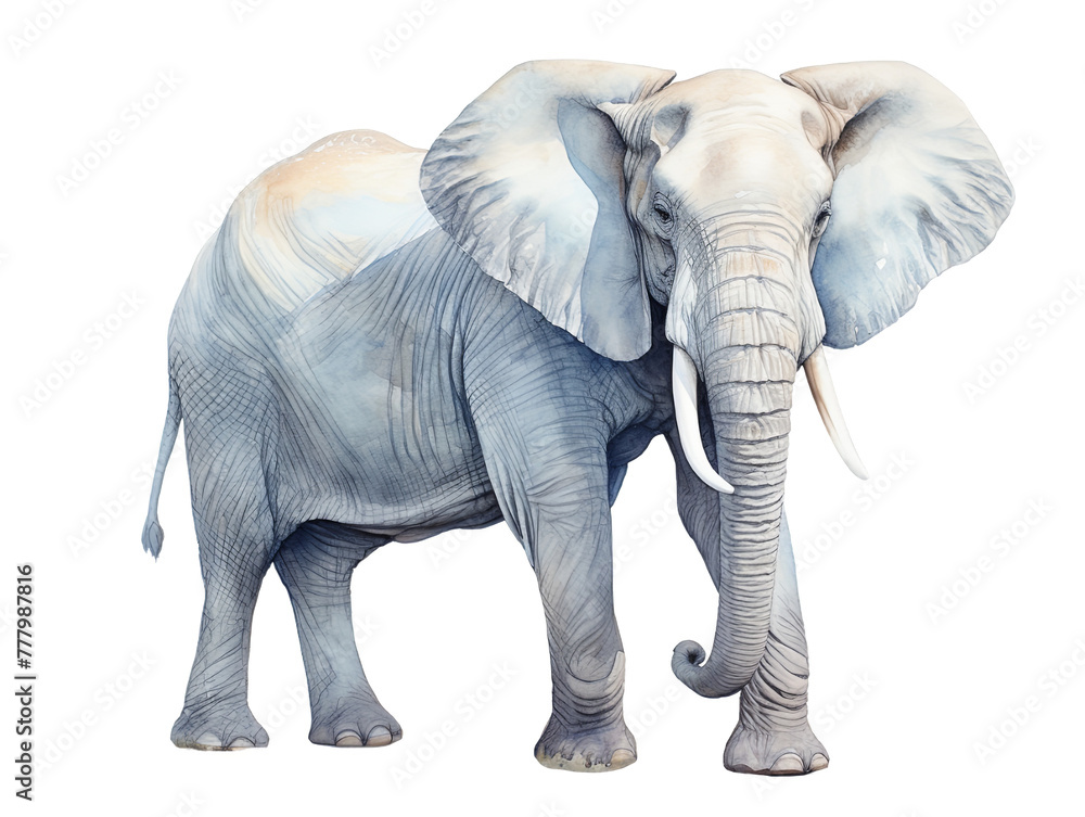Fototapeta premium Side view of a standing elephant watercolor clipart illustration isolated on transparent background