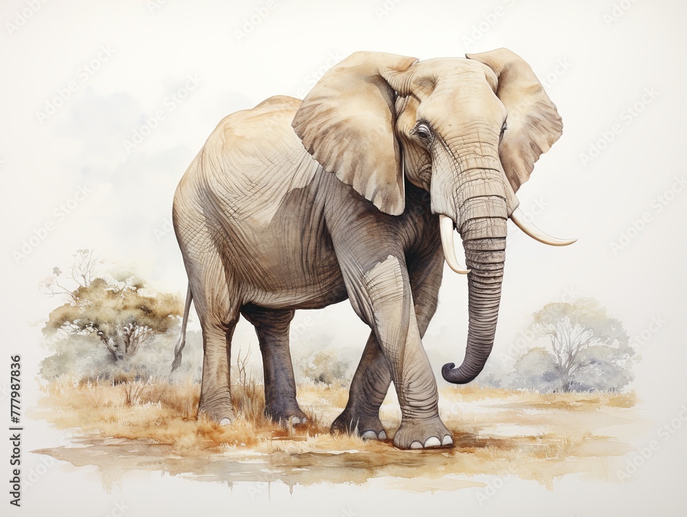 Side view of a standing elephant watercolor clipart illustration