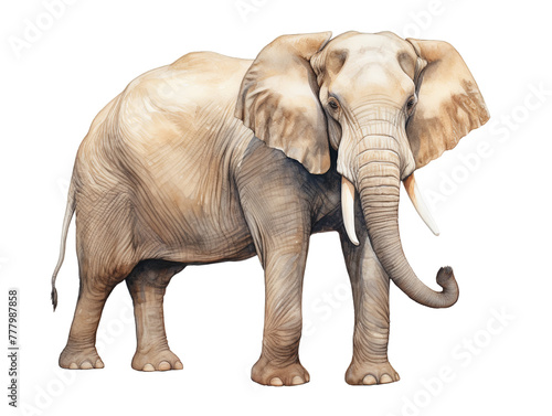 Side view of a standing elephant watercolor clipart illustration isolated on transparent background