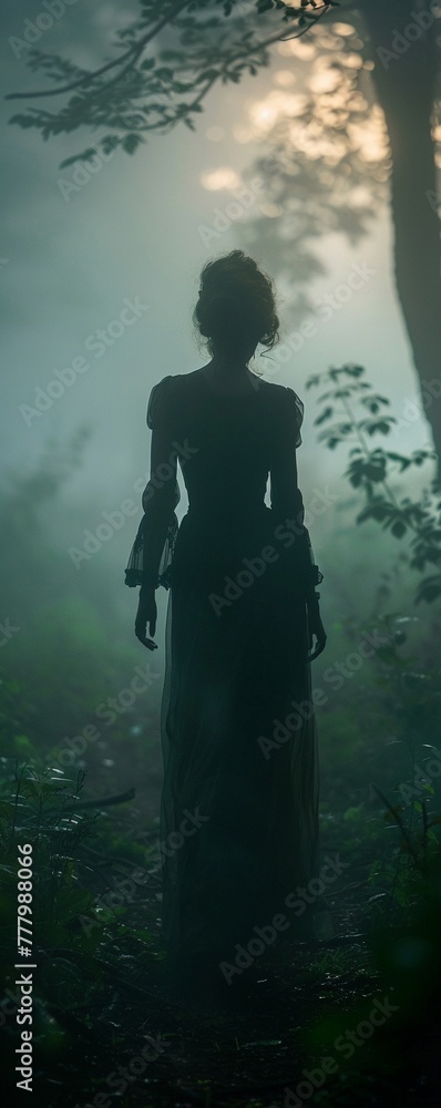 Rose, Victorian dress, mysterious, exploring an enchanted forest, foggy, realistic, Rembrandt lighting, depth of field bokeh effect