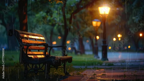 Bench in a park at night illuminated by lanterns.