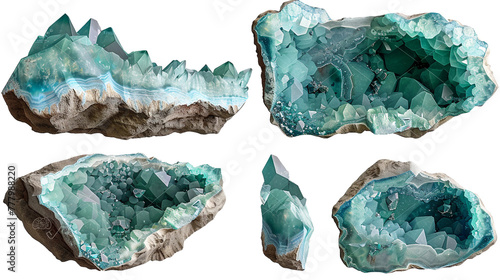 Hemimorphite digital art collection showcasing isolated gemstones with a transparent background: a top view of vibrant blue and green crystals perfect for luxurious design elements. photo