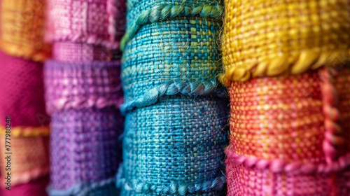 Stacked colorful fabrics displaying textures and patterns for fashion and interior design. photo