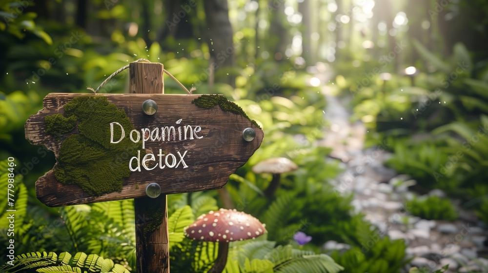 Dopamine detox inscribed in bold letters, set against a serene natural backdrop, symbolizing a