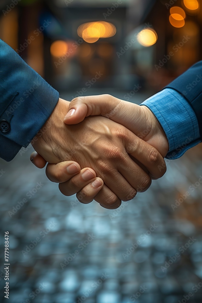 Fototapeta premium Firm Handshake on Urban Cobblestone Background