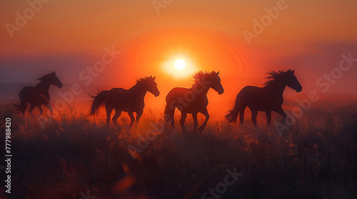 Thoroughbred horses walking in a field at sunrise or sunsetting, ai generated