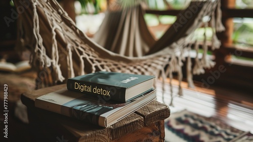 Book titled Digital Detox as a symbol of choosing traditional reading over digital consumption for mental health and relaxation. photo