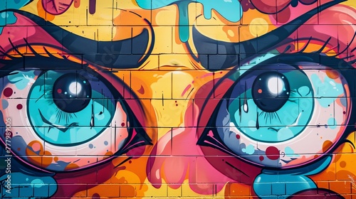 A striking graffiti piece featuring large  detailed eyes on a brightly colored brick wall backdrop.