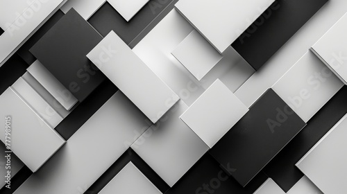Abstract geometric pattern of overlapping black, white, and gray rectangles creating a dynamic background. photo