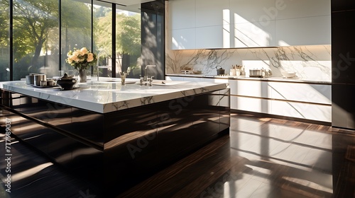 Sunlight dancing on polished marble surfaces and reflecting off glossy cabinets in a sophisticated modern kitchen setting