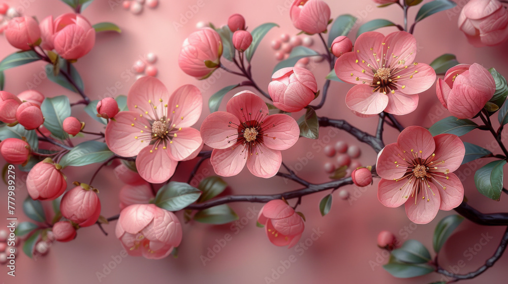 Spring flowers on blush background berries leaf floral pattern.